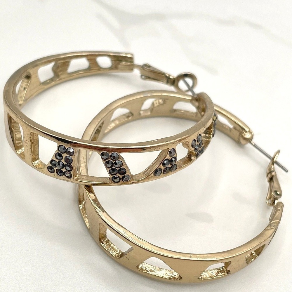Vintage Gold Tone Wide Hoop Earrings Black Crystal Pave Geometric Openwork Y2K